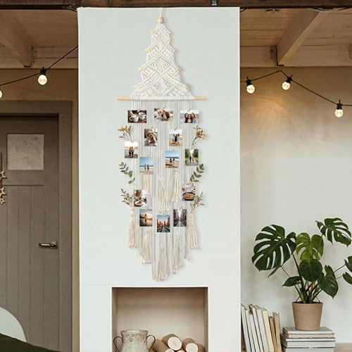 Rtteri Macrame Hanging Photo Display Boho Wall Decor Picture Card Frame Holder with 30 Clips Photo Art Hanger Teen Girl Teenage Gifts for Room Bedroom Dorm