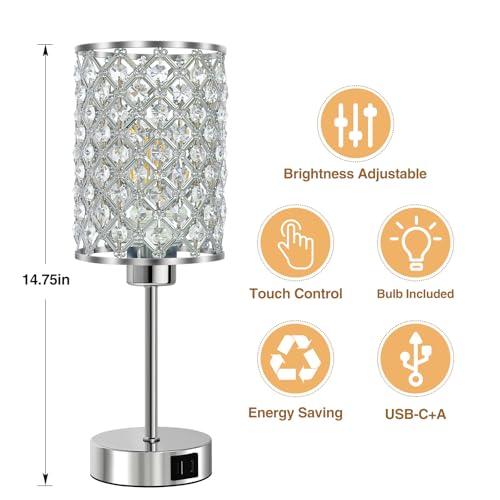 GyroVu Set of 2 Silver Crystal Touch Table Lamps for Bedroom, Dimmable Modern Bedside Lamps with USB-C & USB-A Ports, Nightstand Desk Lamps for Living Room & Home Office - Bulbs Included - color: Silver-2, size: 14.75"
