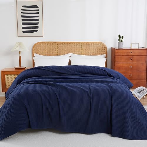 100% Egyptian Cotton Waffle Weave Throw Blanket for Bed Couch Sofa Home Decor, Soft Lightweight Bed & Couch Blanket for All Seasons (Navy Blue - Twin Size - 66 * 90") - color: Navy Blue, size: Twin - 66*90''