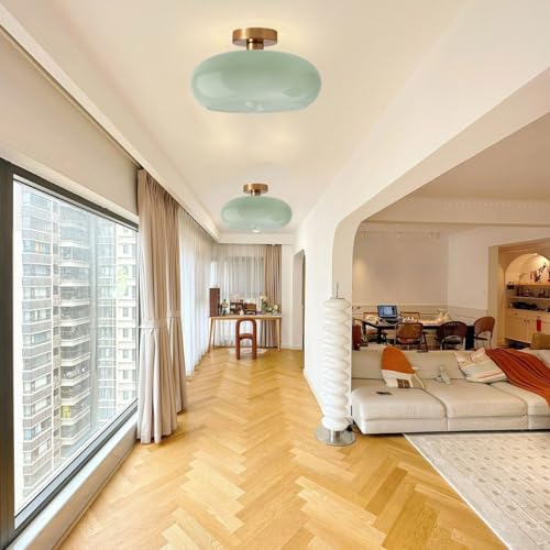 Mid Century Ceiling Light Milk Glass Ceiling Light fixtures Round Dome Shade Gold Brass Modern Semi Flush Mount Ceiling Light, Milk Green Ceiling Lamp for Hallway Dining Room Kitchen - color: Flush Milk Green 2