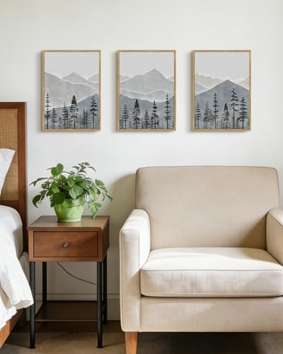 KUVIOKE Mountain Landscape Framed Wall Art Watercolor Nature Forest Painting Boho Farmhouse Rustic Home Decor 11x14in (Natural Framed) - color: Green Mountain, size: 11 x 14in x 3 Panels Natural