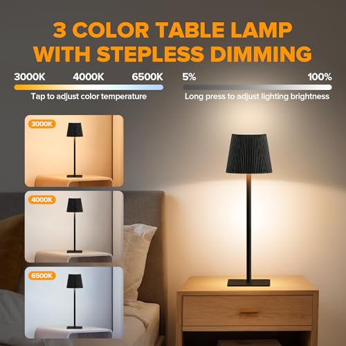 LUTEC 4 Pack Cordless Table Lamp,6000mAh Rechargeable Battery Operated Desk Lamp,Two Adjustable Heights,Waterproof, Touch Control & 3 Color Stepless Dimming for Restaurant/Bedroom/Bars/Outdoor (Black) - color: Black