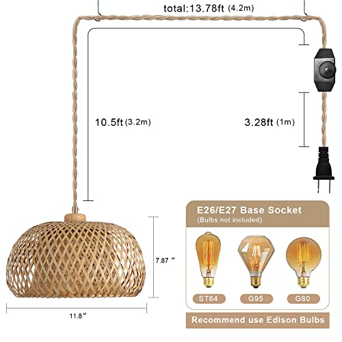 Bamboo Plug in Pendant Light with 14ft Handmade Woven Light Cord, Dimmable Switch, Boho Basket Hanging Lamp for Bedroom Kitchen Island Decor Farmhouse Living Room - color: Natural-4