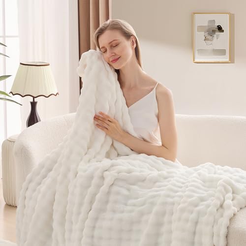 3D Bubble Plush Blanket Textured Fleece Throw Soft Warm Cozy Blanket Couch Bed Throw Snow White 50x60 Inches - color: Snow White, size: Throw(50"x60"）