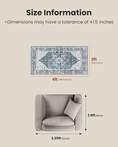 AMADA HOMEFURNISHING 2x4 Washable Area Rug, Low-Profile Entryway Rug with Non-Slip Backing & Durable Edge Binding, Vintage Rug Pattern, Small Rugs for Entryway, Kitchen & Living Room - color: Blue, size: 2' x 4' (Runner)