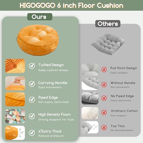 HIGOGOGO 6" Extra Thick Floor Pillow Cushion for Adults, Meditation Cushion Pillow, Large Round Floor Sitting, Tufted Corduroy Cover, for Tatami Living Room or Yoga, 22x22 Inch, 2Pack, Orange - color: Round Orange, size: 6" Thick(Pack of 2)