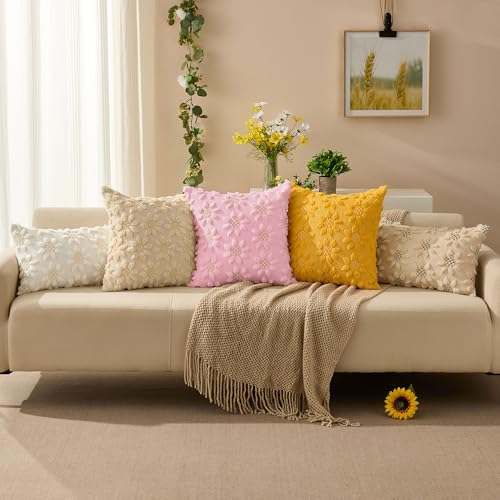 DFXSZ Spring Summer Pillow Covers 18x18 inch Set of 2 Farmhouse Decor Yellow Flower Heart Sunflower Pink Soft Plush Faux Fur Jacquard Throw Pillows for Sofa Holiday Spring Home Decor PTK024J18 - color: Pink, size: 18" x 18" (Pack of 2)