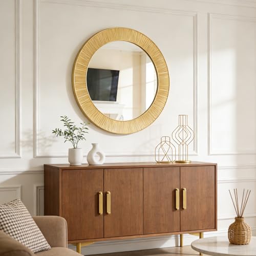 Gold Round Wall Mirror - 31 Inch Large Gold Circle Wall Decorative Mirrors for Decor, Modern Art Accent Mirror with Golden Carved Framed for Living Room, Dining Room, Entryway, Bedroom - color: Round-gold
