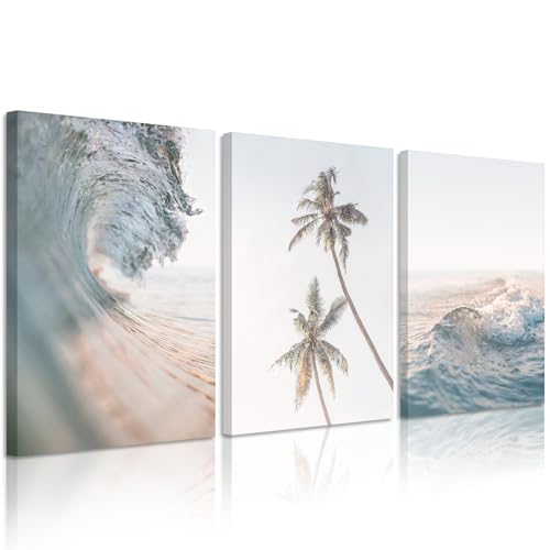 Beach Wall Art Pictures Coastal Canvas Wall Decor Ocean Waves Poster Blue Beach Scene Artwork Palm Tree Art Coastal Landscape Prints for Living Room Bedroom 12x16 Inch Wrapped Canvas Set of 3 - color: Waves Art Prints, size: 12x16 Inch Wrapped Canvas
