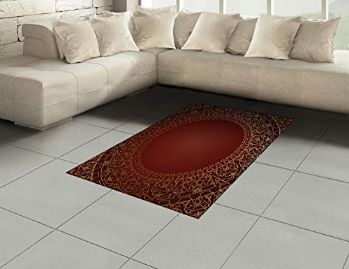 Lunarable Maroon Area Rug, Vintage Frame with Eastern Motifs Traditional Retro Classic Art, Flat Woven Accent Rug for Living Room Bedroom Dining Room, 4' X 5' 7", Earth Yellow Pale Yellow Ruby