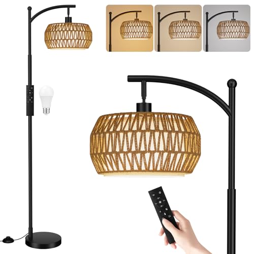Ambimall Arc Floor Lamp for Living Room with Remote, Color Temperature & Brightness Adjustable, Bohemia Standing Lamp with Rattan & Fabric Double Drum Shades, Bulb Included(Black) - color: Black Bohemian