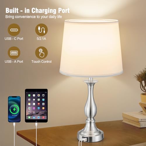Bedside Table Lamp Touch Control Bedroom Lamps with USB A + C Charging Port 3 Way Dimmable Touch Lamps for Nightstand Living Room Bedroom Dorm Home Office Reading, Set of 2 (White Shade & Nickel Base) - color: White Shade & Nickel Base