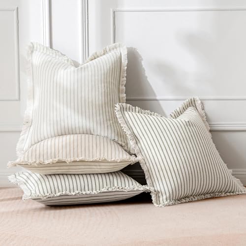 MIULEE Pack of 2 Olive Green Christmas Pillow Covers 18x18 Inch Striped Farmhouse Couch Spring Throw Pillow Covers with Fringe Chic Linen Decorative Cushion Covers for Sofa Living Room Bed Home Decor - color: Olive Green, size: 18" x 18" (Pack of 2)