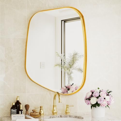 Irregular Wall Mirror 22"x30" Bathroom Mirrors Asymmetrical Artistic Decorative for Living Room Bedroom Bathroom Hallway Entryway,Trapezoid,Gold - color: Gold, size: 30"L x 22"W