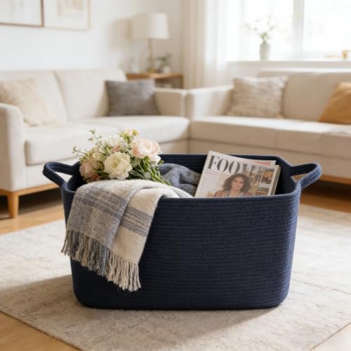 96L Large Blanket Basket,24"x16"x15"Rectangle Storage Bin with Handles,Woven Rope Laundry Basket for Toys, Clothes,Magazines,Home Organization,Nursery,Living Room & Bedroom,Navy - color: Navy, size: 24"x16"x15"(96L)