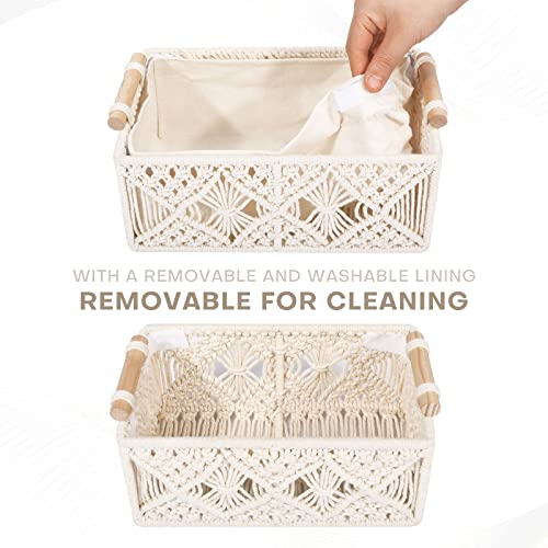 ANMINY 5PCS Macrame Storage Baskets for Organizing Boho Decor Baskets Storage Bins with Wood Handles Handmade Decorative Storage Boxes with Removable Liner Toilet Tank Bathroom Self Basket Organizer - color: Off White (Set of 5)