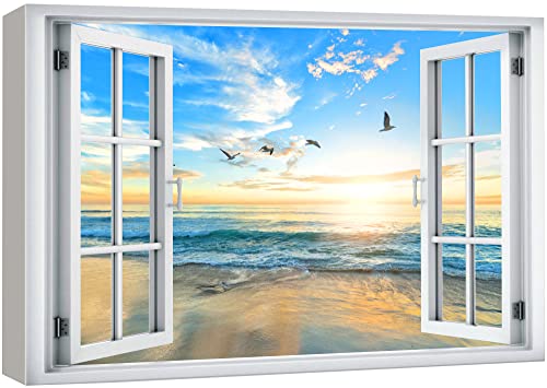 wall26 Canvas Print Wall Art Window View Birds Flying Sunset Ocean Beach Horizon Wilderness Nature Photography Realism Scenic Landscape Colorful Multicolor for Living Room, Bedroom, Office - 12"x18" - color: A001-2204-slm05, size: 18"L x 12"W