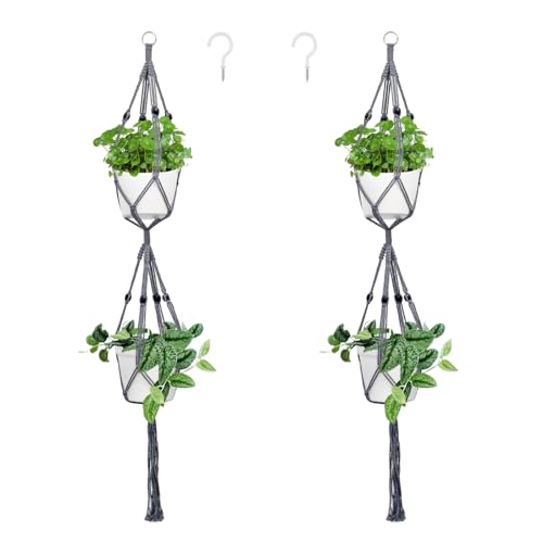 Belit 2 Pack Double Macrame Plant Hangers 2 Tier Hanging Planter Basket Decorative Flower Pot Holder Rope for Indoor Outdoor Home Decor 51 Inch, Grey - color: Gray, size: 51"- 2 Tier