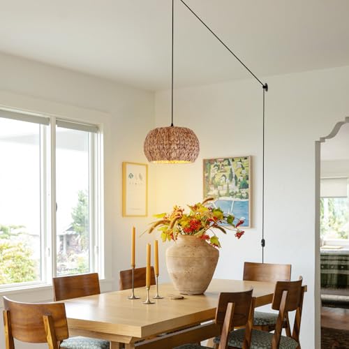 HuisMier Rattan Plug in Pendant Light Boho Hanging Lights with 15 Ft Plug in Cord & Dimmable Switch, Hand Woven Lampshade Boho Hanging Lamp for Kitchen Island Dining Room Bedroom - color: Brown Drum