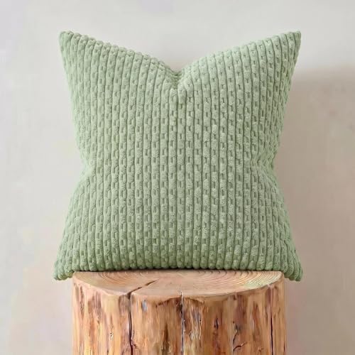 Fancy Homi 2 Packs Sage Green Decorative Throw Pillow Covers 18x18 Inch for Couch Bed Sofa, Modern Farmhouse Boho Home Decor, Soft Cute Plush Corduroy Cushion Case 45x45 CM - color: Sage Green, size: 18" x 18" (Pack of 2)