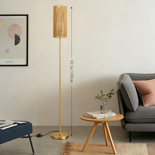 Ruiever Floor Lamp for Living Room,Farmhouse Floor lamp,Modern Standing lamp with Hand-Worked Rattan Shade (Straight Line Rattan Shade Gold Lamp- 3 Color Bulb) - style: Straight Line Rattan Shade Gold Lamp- 3 Color Bulb