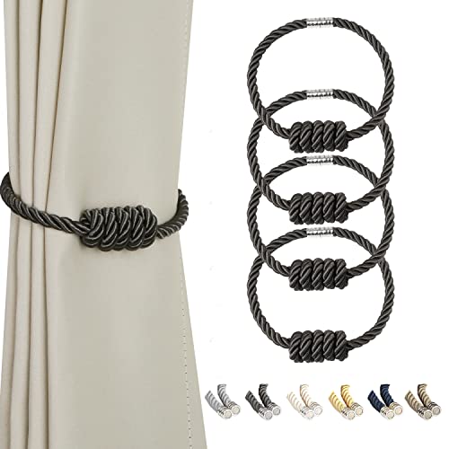BEL AVENIR Magnetic Curtain Tiebacks, Decorative Drapery Holdbacks Modern Woven Tie-Backs with Exquisite Knot (Charcoal, 4 Pack) - color: Charcoal, size: 4 Pack