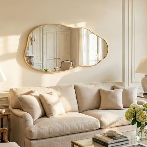 Irregular Wall Mirror 30"x16.5", Small Asymmetrical Mirror for Powder Room, Matte Gold Rust Proof Aluminum, Tempered Glass Wavy Mirror for Bedroom Makeup, Hallway & Aesthetic Room Decor - color: Gold, size: 30"L x 16.5"W