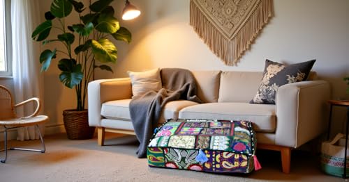 CRAFT KALA Indian Square Patchwork Traditional Pouf Cover Indian Living Room Poufs Decorative Embroidered Designer Ottoman Home Footstool Chair Cover Decor Pillow Cover 18x18x5 inches, Light Green - color: Light Green, size: 18"D x 18"W x 5"H