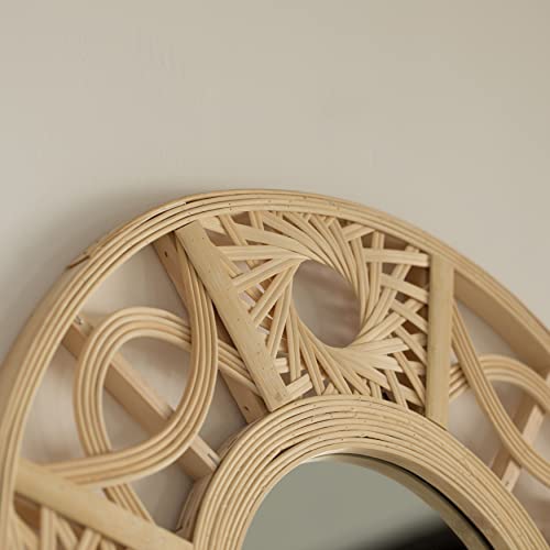 Vintiquewise Boho Bamboo Hanging Wall Mirror, Round Asymmetrical Vintage Rattan Mirror for Wall Decor, Nursery, Living Room, Playroom, Unique Small Coastal Mirror - size: 1.5"L x 21.8"W