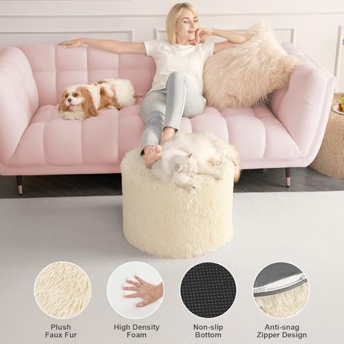 Hansleep Round Stuffed Pouf Ottoman 20 x 15, Foam Filled Faux Fur Ottoman Foot Rest for Chair with Washable Cover, Foot Stools Under Desk for Living Room & Bedroom, Beige - color: Beige, size: 20"D x 20"W x 15"H