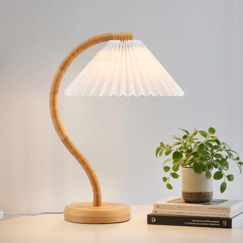 Boho Hand Woven Rattan Table Lamp with White Fabic Shades Plug in and Play Gooseneck Table Light for Bedside Living Room Bedroom Office