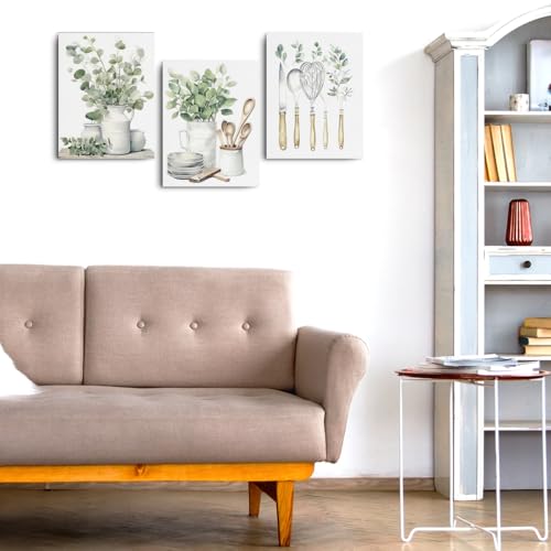 3 Pcs Botanical Plant Canvas Wall Art, Aesthetic Boho Wall Decor Framed Prints for Bedroom Living Room Decor, Sage Green Eucalyptus Leaf Tableware Prints for Office, Housewarming Gifts 11.5x15 Inch - color: Multi 1365