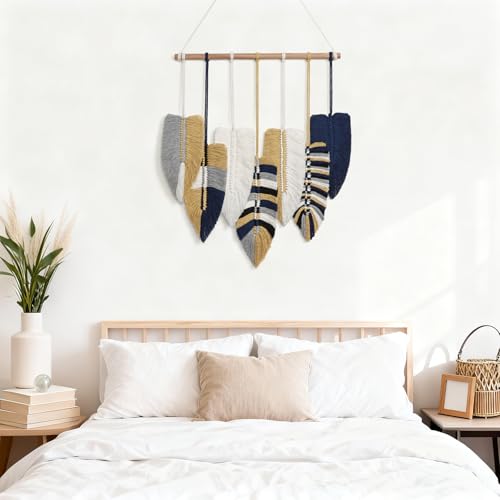 Betylifoy Macrame Leaf Wall Hanging, Boho Wall Decor, Handmade Woven Leaf Feather Boho Tapestry Bohemian Chic Wall Art Decor for Bedroom Living Room Nursery Apartment Backdrop - color: Blue Yellow