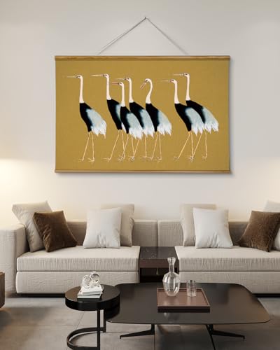 VIYYIEA Extra Large Size Canvas Wall Art, 36x54 Vintage Scroll Hanging Crane Print, Elegant Bird Animal Artwork for Living Room, Bedroom, or Office - color: Seven Cranes