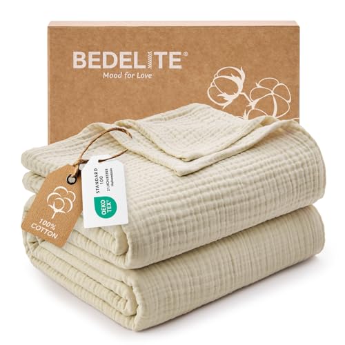 BEDELITE 100% Cotton Muslin Blankets for Adults - 4-Layer Queen Size Breathable and Lightweight Gauze Blanket for Couch, Bed, Travel and Summer, Soft & Cozy Gift for Women, Beige, 90"x90" - color: Beige, size: Queen(90"x90")