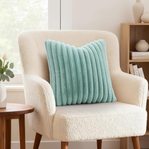 decorUhome Fall Cozy Faux Fur Throw Pillow Covers 26x26 Set of 2 Decorative Soft Plush Striped Modern Farmhouse Boho Couch Euro Sham Pillow Cases with Velvet Back for Sofa Bed Living Room, Aqua - color: Aqua, size: 26" x 26" (Pack of 2)