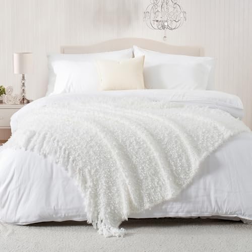 Winter Knit Throw Blanket Fluffy Fuzzy Soft Lightweight Cozy Farmhouse Tassels Chunky Knitted Throws for Couch Sofa Bed (White, 50"x60") - color: White, size: 50"x60"
