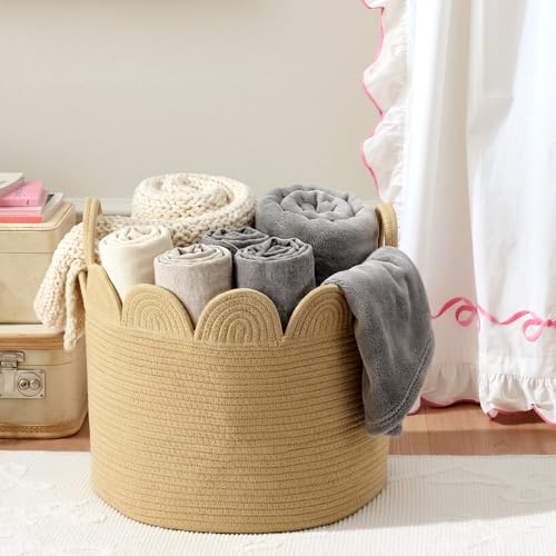 LemonRoad Brown Round Basket Large Blanket Basket 15.8" L X 15.8" W X13.8" H Scalloped Woven Baskets Cotton Storage Baskets for Nursery Classroom Closet Blankets Storage Home Decor - color: Brown, size: 15.8" L X 15.8" W X13.8" H