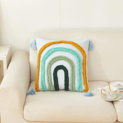 Boho Decorative Rainbow Colorful Throw Pillow Covers 18x18 Farmhouse Tufted Textured Pillow Covers with Tassels Woven Cushion Case for Sofa Bed Living Room Hallowmas Blue x1 - color: Blue, size: 18" x 18" (Pack of 1)
