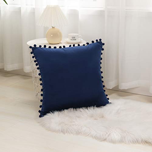 Elegant Comfort POM-POMS Fringe Velvet Cushion Covers Set of 2, Velvet Soft Solid Decorative Square Throw Pillow Covers Set Cushion Case for Couch Bed, Livingroom 18 x 18 Inch (45 x 45 cm), Navy Blue - color: Navy Blue, size: 18" x 18" (Pack of 2)