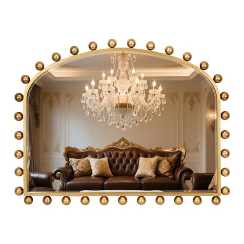 36"x28" Wide Arched Wall Mirror, Antique Gold Ball Frame with Beveled Glass, Large Horizontal Mantel Piece Over Fireplace or Above Sofa, Statement Metal Frame for Living Room - size: 28"L x 36"W