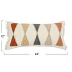 Bloomingville Embroidered Cotton Lumbar Pillow with Fringe, Terracotta Multicolor - color: Terracotta, Beige, Grey