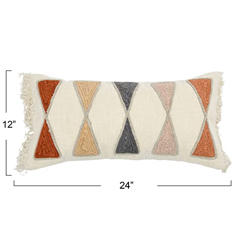 Bloomingville Embroidered Cotton Lumbar Pillow with Fringe, Terracotta Multicolor - color: Terracotta, Beige, Grey