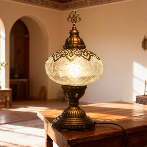 Cracked Clear Moroccan Mosaic Table Lamp – Handmade Turkish Glass, Light Bulb Included, Boho Chic Bedside & Living Room Accent - color: Crack Clear-69