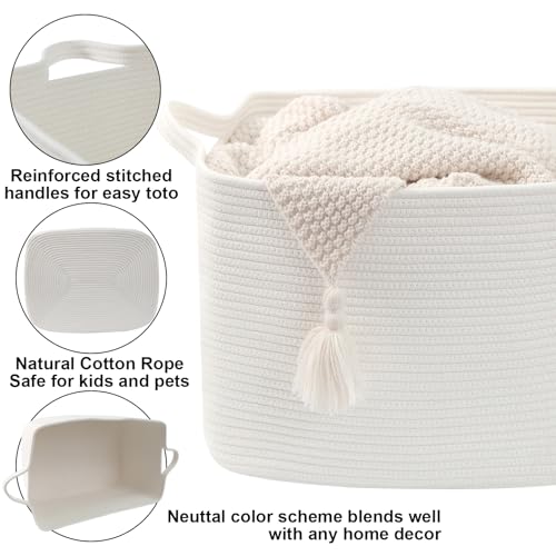 96L Large Blanket Basket,24"x16"x15"Rectangle Storage Bin with Handles,Woven Rope Laundry Basket for Toys, Clothes,Magazines,Home Organization,Nursery,Living Room & Bedroom,White - color: White, size: 24"x16"x15"(96L)