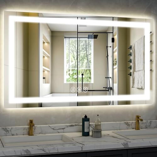 XRAMFY 40"x 60"LED Bathroom Mirror, Backlit + Front Lit, LED Bathroom Mirror with Lights for Wall, 3 Colors, Anti-Fog, Dimmable Brightness, Tempered Glass - size: 40"L x 60"W