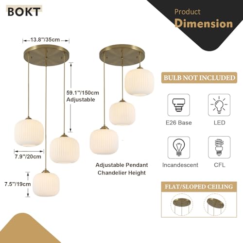 BOKT White Pendant Lights Kitchen Island 3 Light Globe Cluster Pendant Light Large Ribbed Glass Cluster Chandelier Gold Vintage Adjustable Hanging Light Fixture for Sink Dining Room - color: Milk White 3-Light