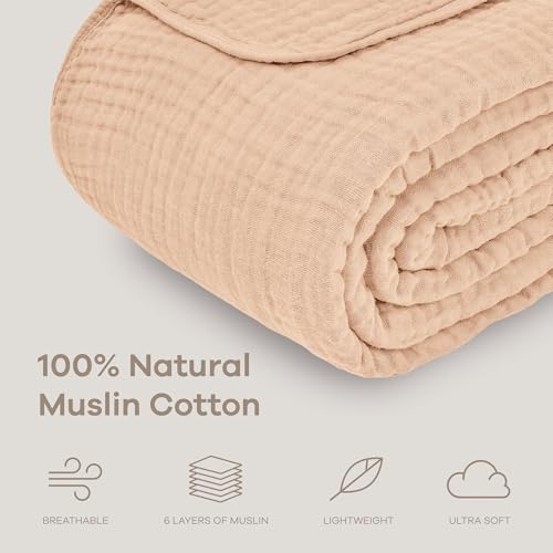 Comfy Cubs Muslin Throw Blanket - 50” x 60” Quilted Design - Lightweight, Breathable 6-Layer Gauze Fabric - Soft Cotton Blanket for Home or Travel - Packaged in Elegant Gift Box - Cream - color: Cream, size: Throw - 50" X 60"