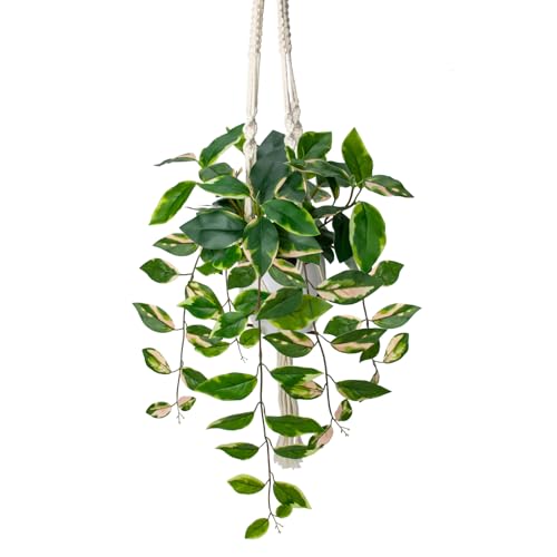 Briful Artificial Hanging Plant Indoor, Macrame Plant Hanger with Fake Pothos Plant in White Pot, Faux Hanging Plant for Home Ceiling Farmhouse Kitchen Decor - color: Pink Leaf
