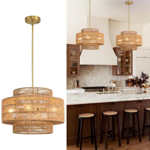 17.7”Boho Rattan Chandelier for Dining Room, 4-Light Hand Woven Pendant Light Fixture Farmhouse Rustic Ceiling Hanging for Kitchen Island Bedroom Living Room Nursery Foyer - size: 17.7″ Brown
